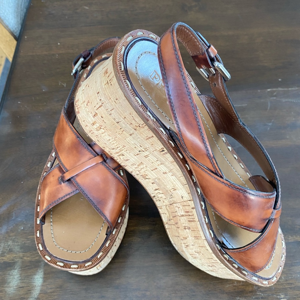 Prada Tan Leather Wedge Sandals